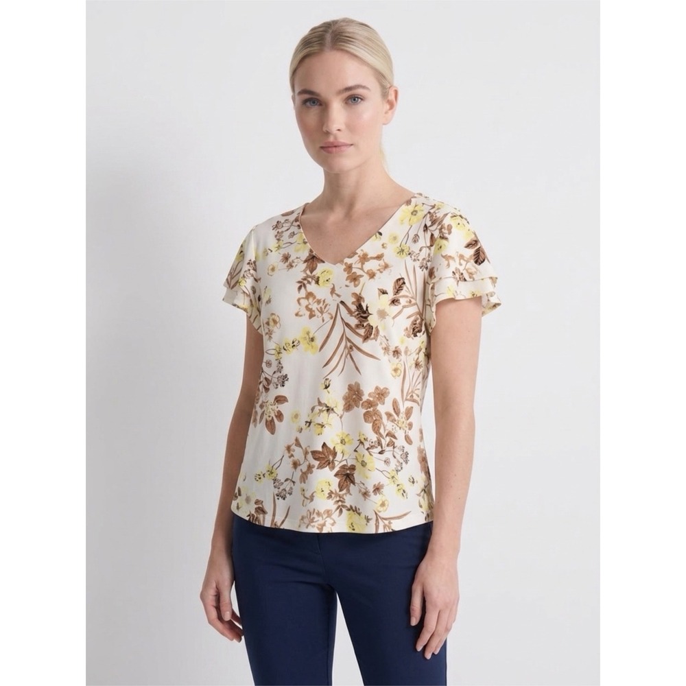 Tahari Floral‎ V-Neck Double Flutter Sleeve Blouse Cream Yellow Brown Medium